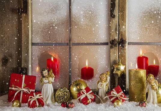 Snowflake Wood Window Gold Candle Christmas Backdrops