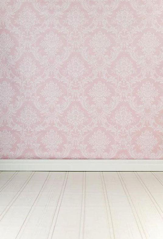 Printed Pink Damask Wall With Wood Floor Backdrop For Photography