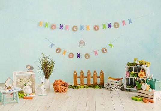 Mint Wall Wood Floor Garden Happy Easter Photography Backdrop