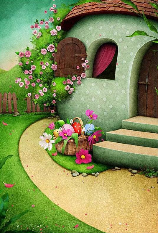 Cartoon Little House Flower Decoration Backdrop Wonderland Photography Background