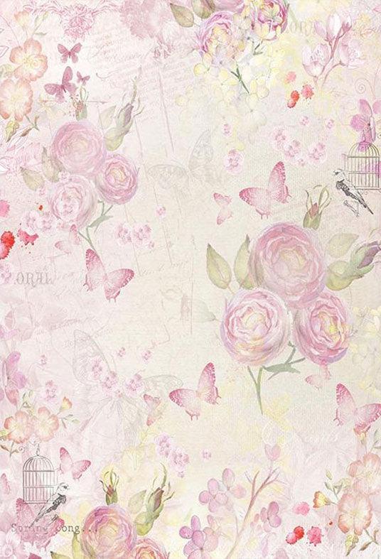 Printed Pink Flowers Background Butterflies Photography Backdrop