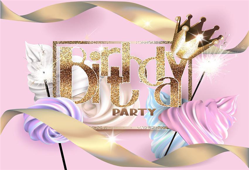 Pink Theme Gold Crown Ribbon Ice Cream Backdrops for Picture