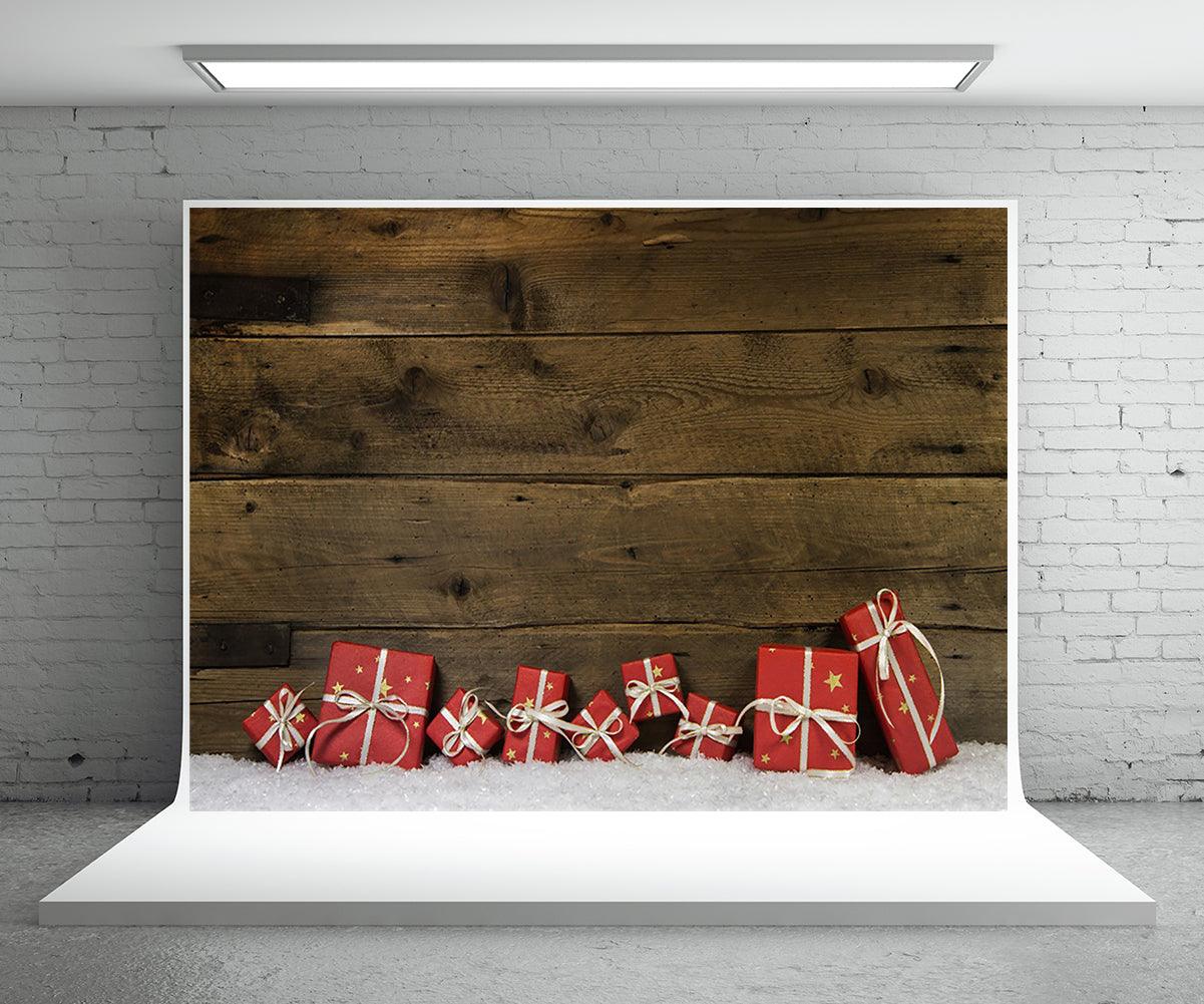 Red Christmas gift snow photography background wooden wall background