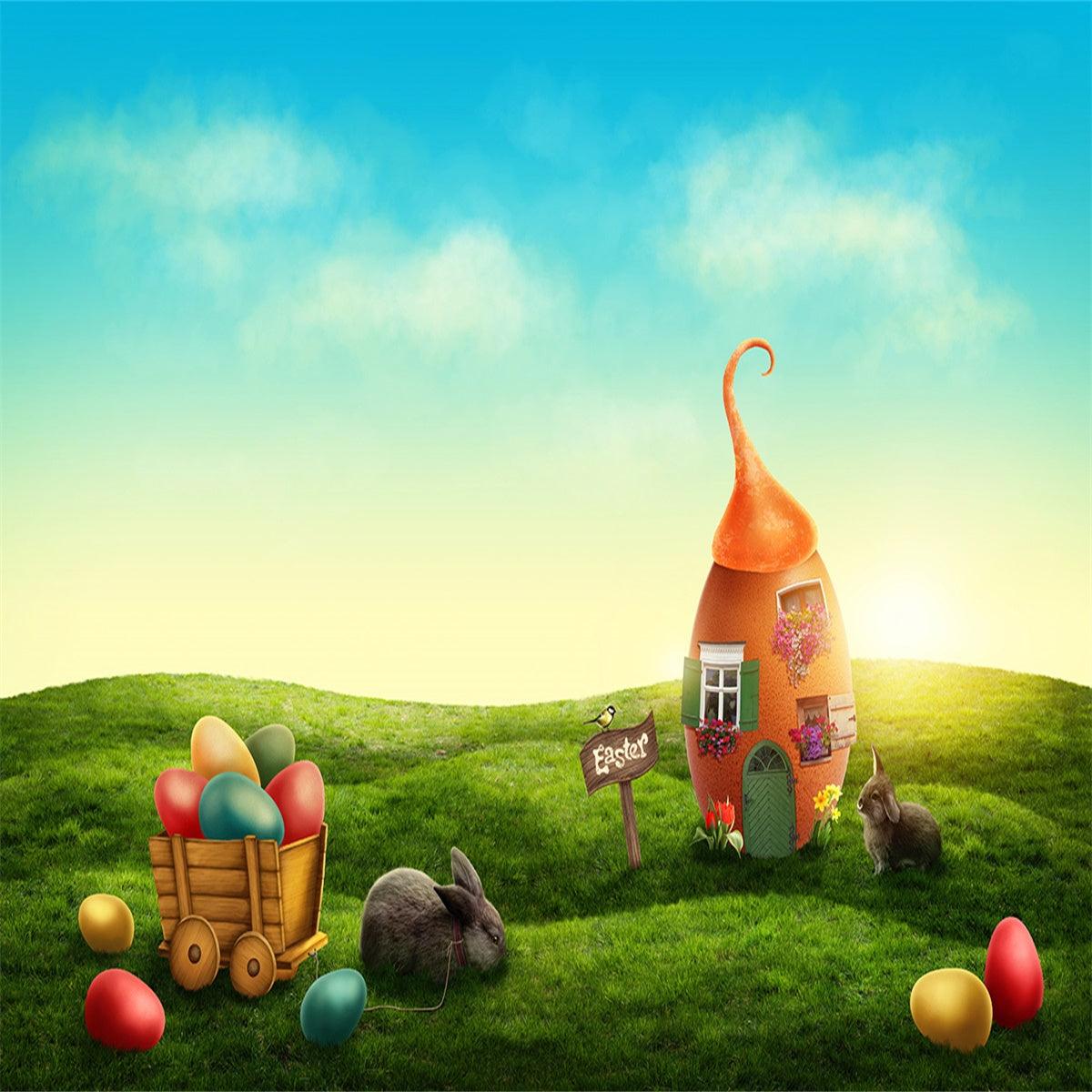 Blue Sky Green Grass Happy Easter Backdrops for Spring