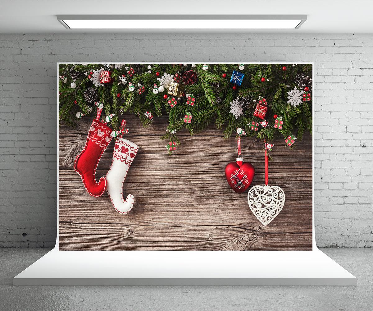 Christmas Photography Backdrop Pine Branch Wood Backdrop