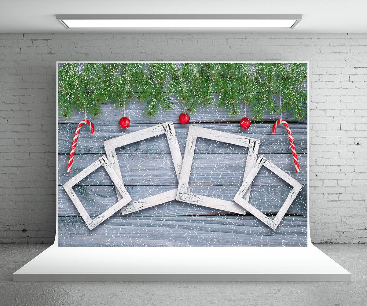 Christmas Snowflake Wood Wall Photography Backdrop Pine Branch Background