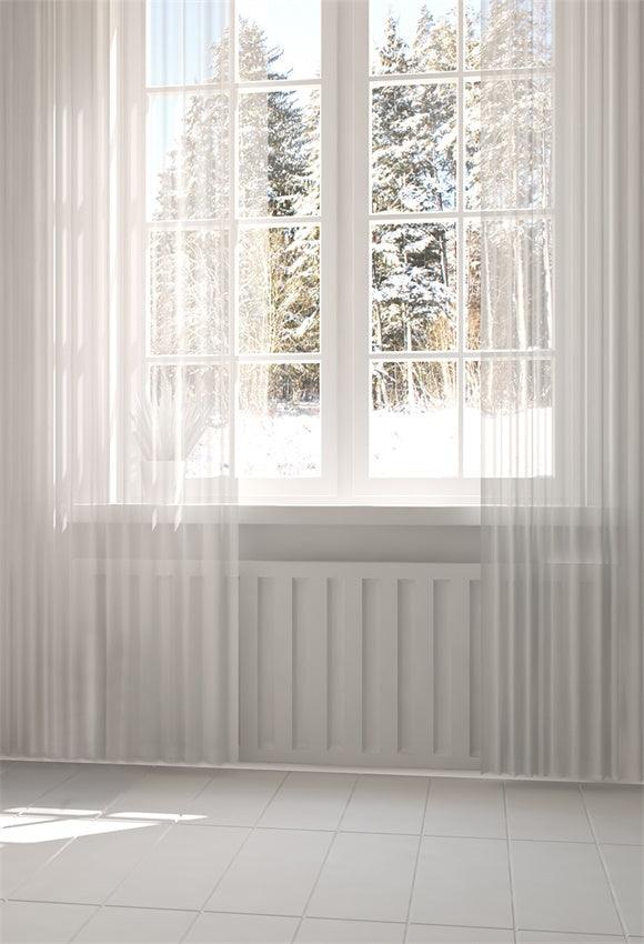 Winter Snow Windows White Curtain Photo Backdrops