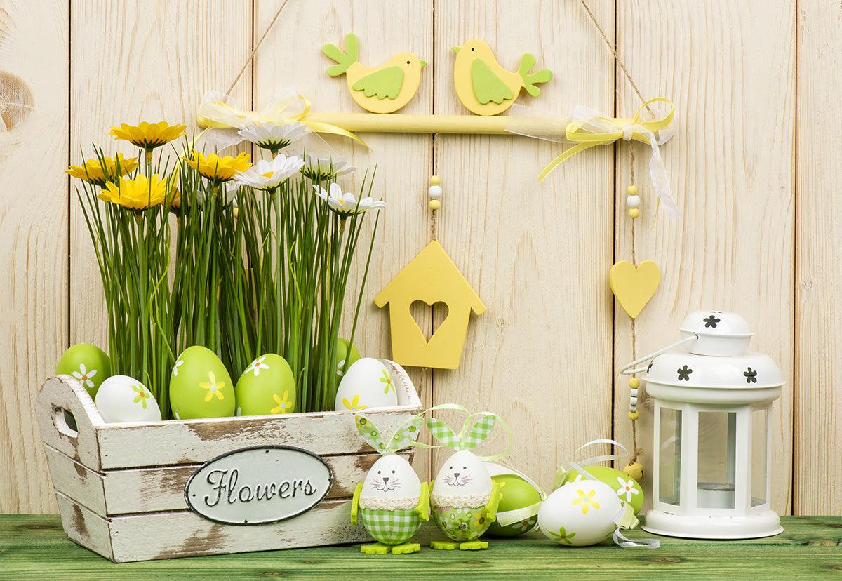 Wood Easter Green Eggs Floral Photo Backdrop for Picture