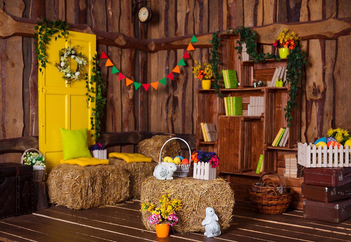 Brown Wooden Room Straw Colorful Easter Backdrops