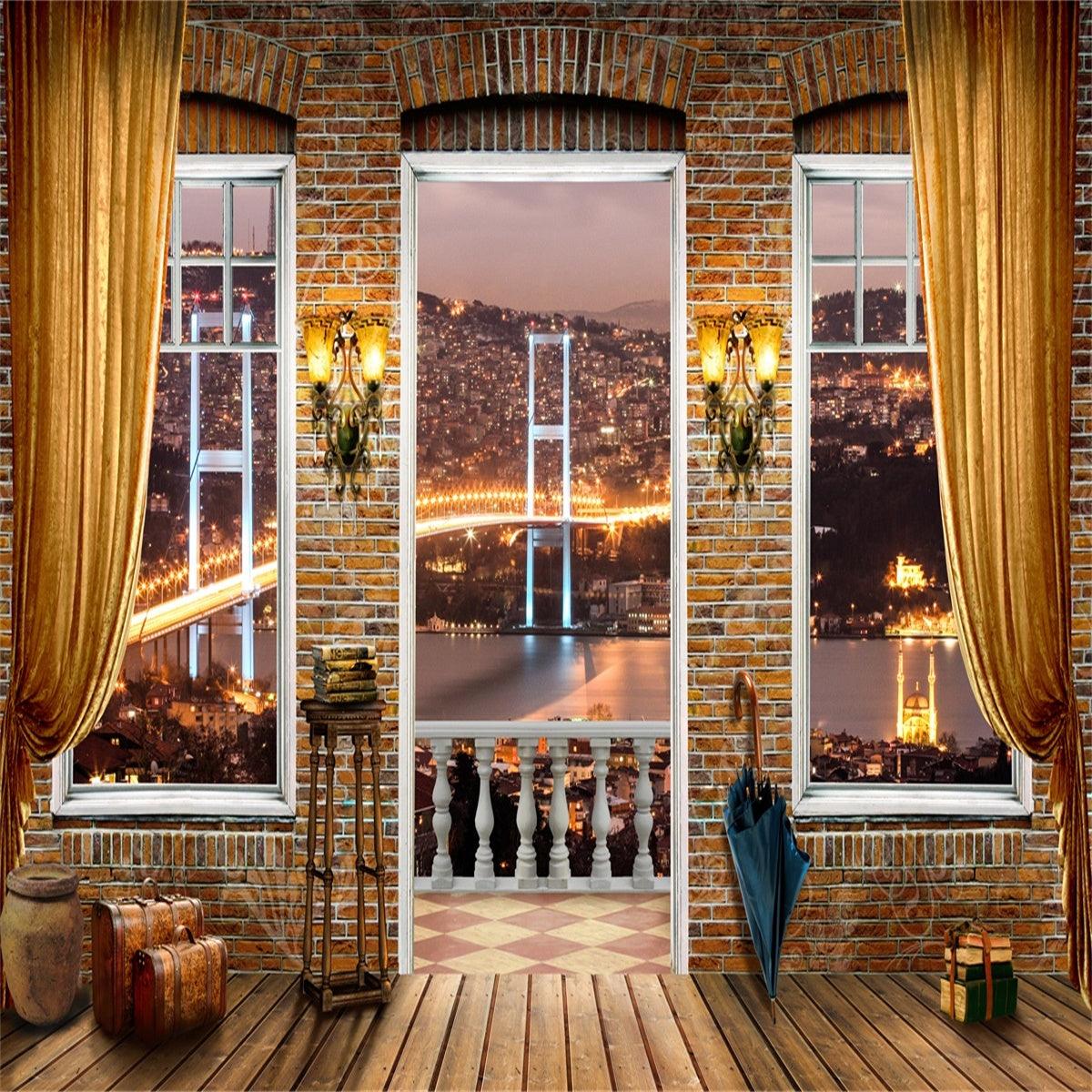 Night of City Observation Deck Backdrops Wood Floor Background