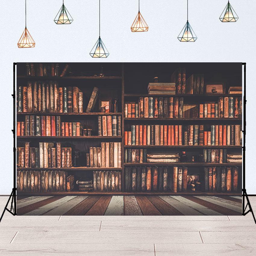 Bookshelf Bookcase School Study Library Books Wood Floor Photography Backdrop SBH0109