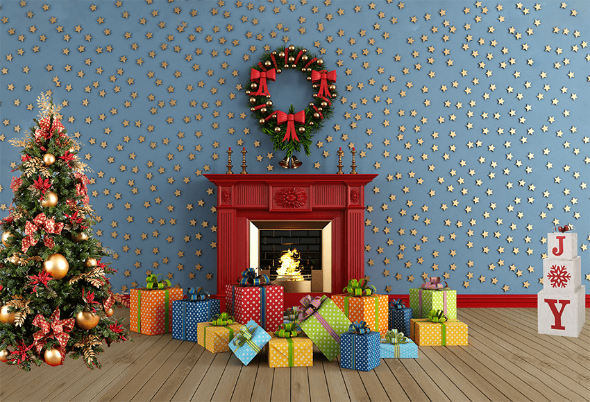 Blue Wall Gold Little Stars Christmas Gifts Backdrop For Party