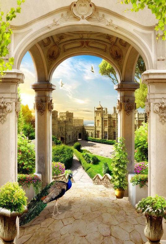 Peacock in the Pavilion Backdrop Beautiful Scenery Photography Background