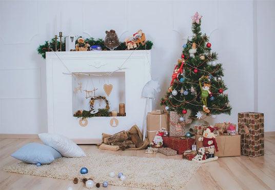 Christmas White Fireplace Cartoon Wood Floor Backdrops