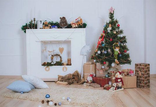Christmas White Fireplace Cartoon Wood Floor Backdrops