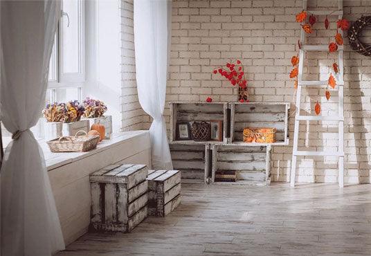Brick Wall Wood Floor Box Fall Backdrop for Photography Prop