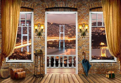Night of City Observation Deck Backdrops Wood Floor Background