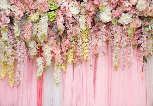 Pink Curtain with Pink White Flowers Backdrop for Party Decoration Background