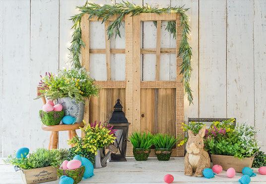 White Wood Happy Easter Flowers Backdrop for Session