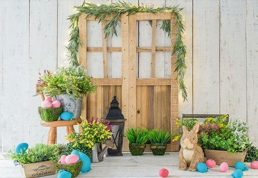 White Wood Happy Easter Flowers Backdrop for Session