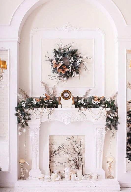 White Fireplace Wreath Photography Backdrops