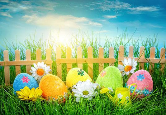Blue Sky Wood Fence Pearl Eggs Photo Backdrop for Easter