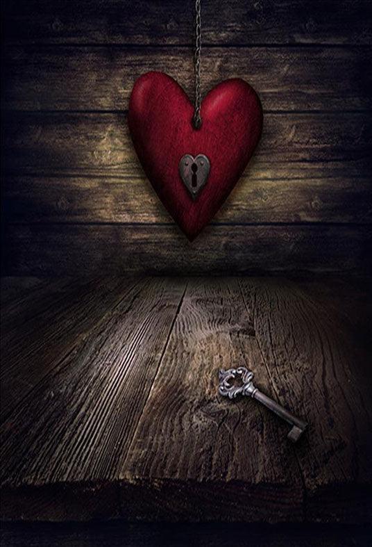 Red Love Heart and Dark Brown Wood Floor Backdrop Photography Background