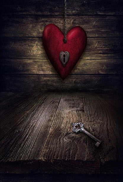 Red Love Heart and Dark Brown Wood Floor Backdrop Photography Background