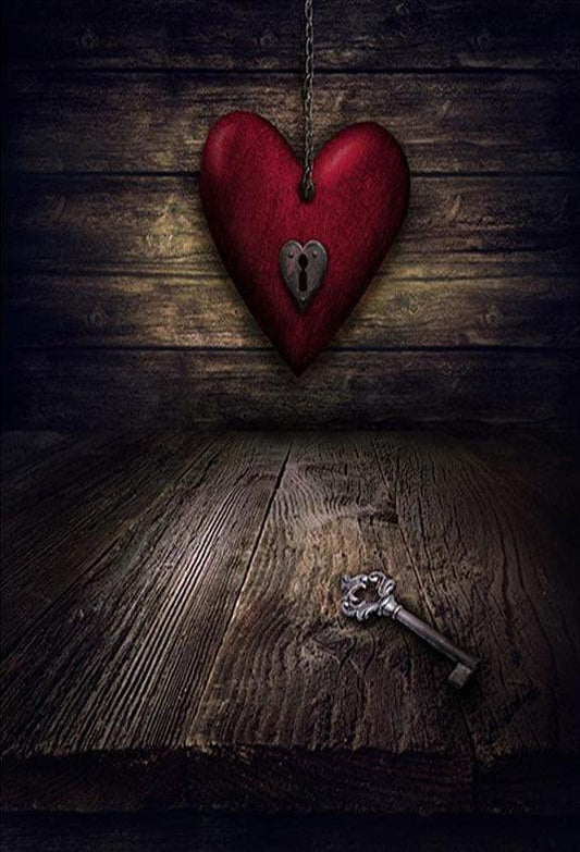 Red Love Heart and Dark Brown Wood Floor Backdrop Photography Background