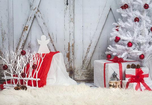 Wood Barn White Gift Christmas Backdrop for Party