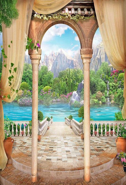 Spring Beautiful Scenery Outside the Pavilion Backdrop for Photography