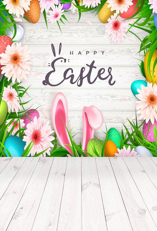 White Wood Happy Easter Floral Rabbit Backdrop for Spring