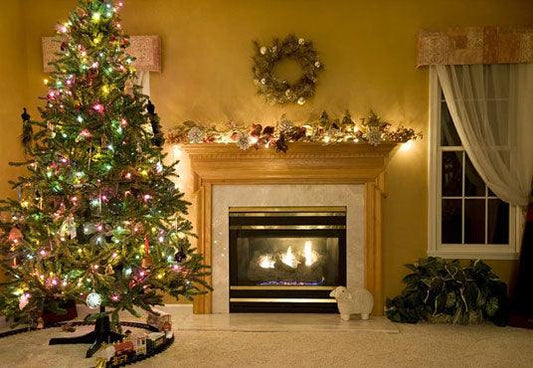 Bright Christmas Tree Fireplace Backdrop for Photography Prop