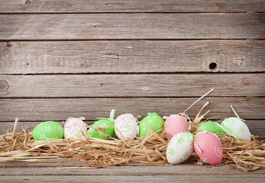 Dark Grey Wood Easter Straw Colorful Eggs Backdrop for Party