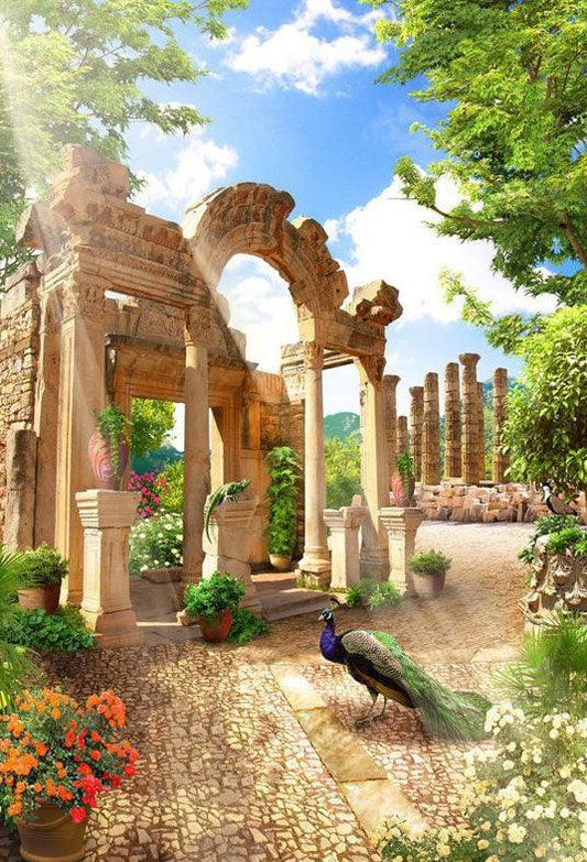 Spring Season Scenery  Beautiful Castle and Peacock Backdrop for Photography