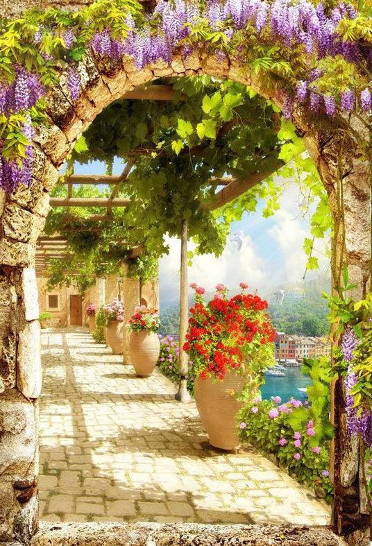 Stone Arch With Flower Decoration Backdrop for Photography