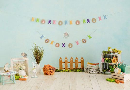 Mint Wall Wood Floor Garden Happy Easter Photography Backdrop