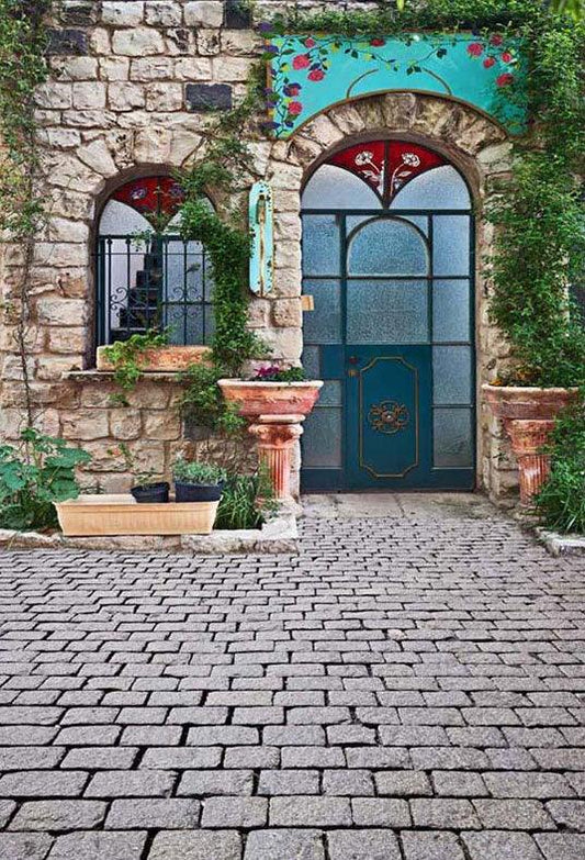 Stone House Green Leaves Arch Door Outdoor Decors Backdrop For Photography