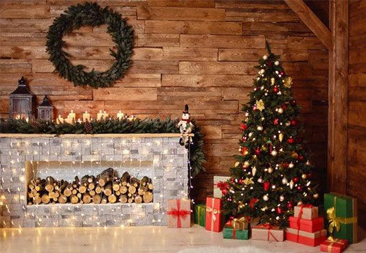 Wood Wall Christmas Wreath Photography Backdrop