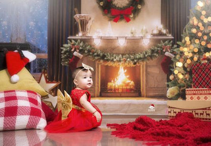 Christmas Fireplace Gold Star Photography Backdrop