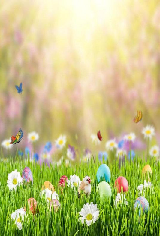 Printed Colorful Easter Eggs On The Grass In The Sunshine Backdrop  For Photography