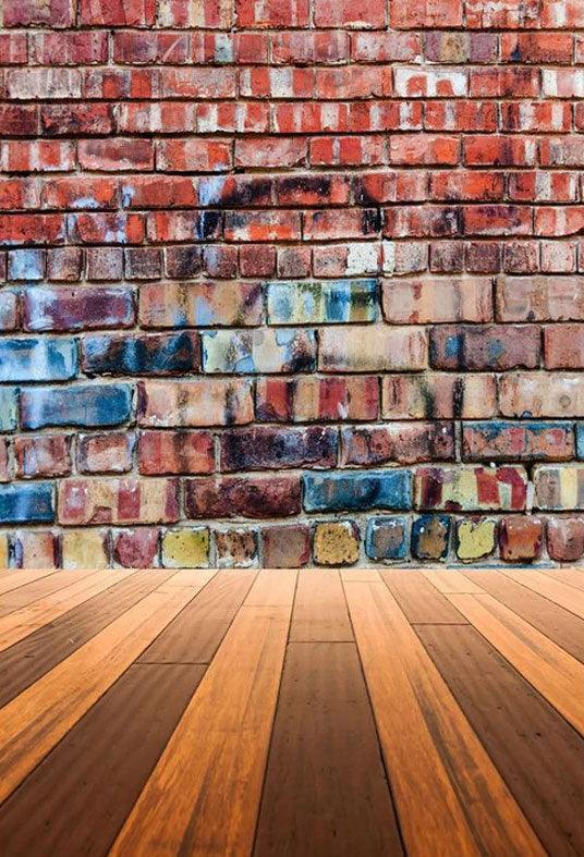 Colorful Graffiti Brick Wall With Wood Floor Backdrop For Photography