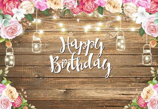Happy Birthday Flower Decoration Romantic Wood Texture Photography Backdrop for Studio
