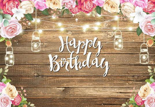 Happy Birthday Flower Decoration Romantic Wood Texture Photography Backdrop for Studio