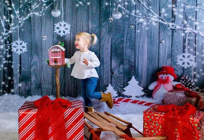 Grey Wood Wall Snowman Christmas Backdrop for Snowflake