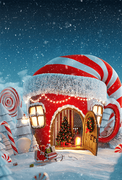 Christmas Fairytale Red Hat House Photography Backdrop SBH0248