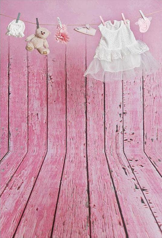 Hanging Clothes Before Pink Old Wood Wall Backdrop for Photography