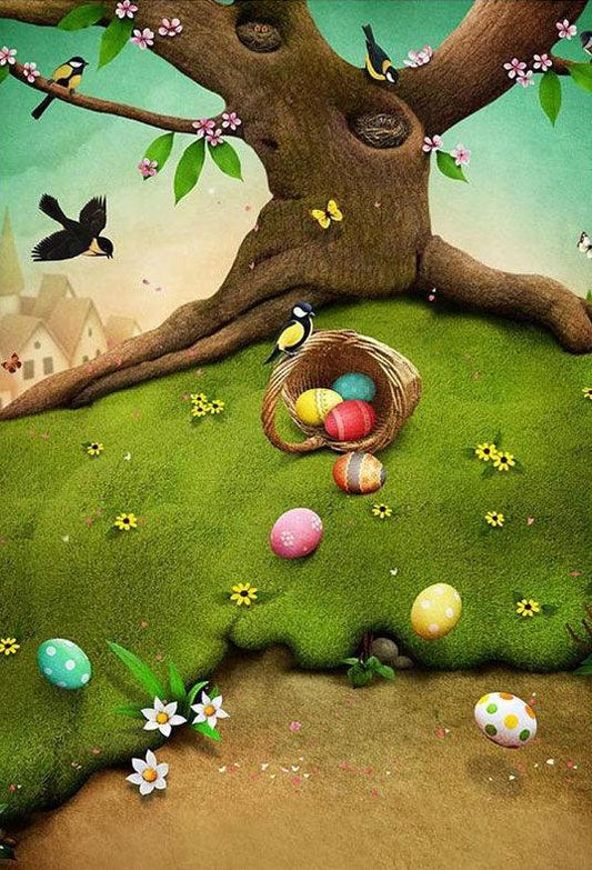 Easter Eggs On Green Grass With Tree Background For Holiday Backdrop
