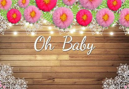 Peony Flower Romantic Wood Texture Baby Shower Backdrop for Photography