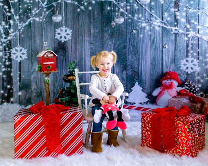 Grey Wood Wall Snowman Christmas Backdrop for Snowflake